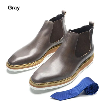 British Style Cow Genuine Leather Men's Chelsea Ankle Boots Slip-on Elastic Band High Top Sneakers Casual Dress Boot for Men
