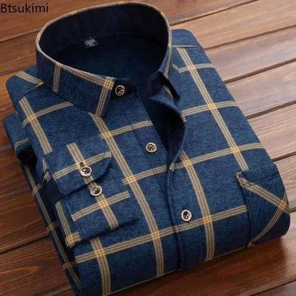 Men's Flannel Plaid Shirt: Winter Warm Fur-Lined Long Sleeve Fleece Casual Formal Dress Shirt - 15 styles