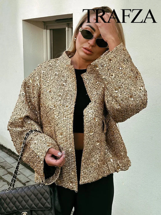 Women's Fashion Shiny Sequin Jacket: Y2K Gold Color Stand Collar Long Sleeve Short Coat for Autumn/Winter - High Streetwear, Available in 5 Colors