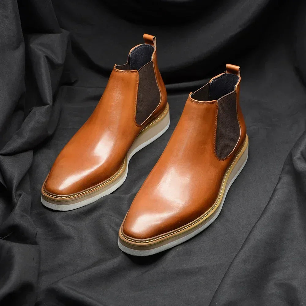 British Style Cow Genuine Leather Men's Chelsea Ankle Boots Slip-on Elastic Band High Top Sneakers Casual Dress Boot for Men