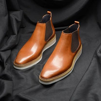British Style Cow Genuine Leather Men's Chelsea Ankle Boots Slip-on Elastic Band High Top Sneakers Casual Dress Boot for Men