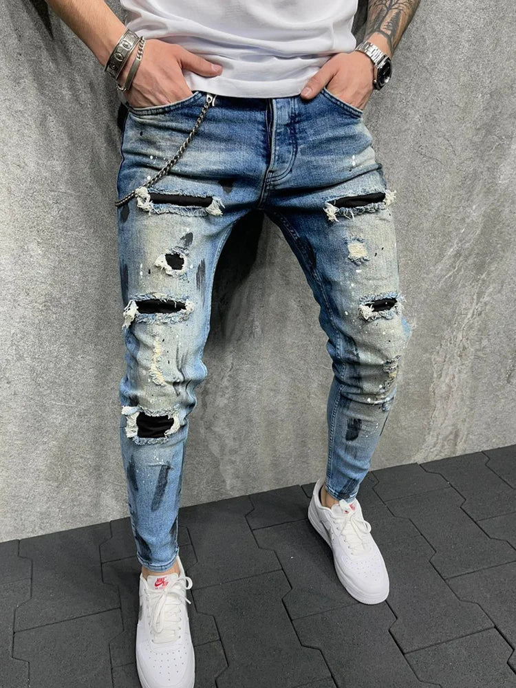 Men's Knee Hole Ripped Stretch Skinny Jeans: Black & Blue Denim, Slim Fit, Hip-Hop Style, S-4XL, Autumn & Summer Casual Trousers - Collection 2 - 9 Colors/Styles