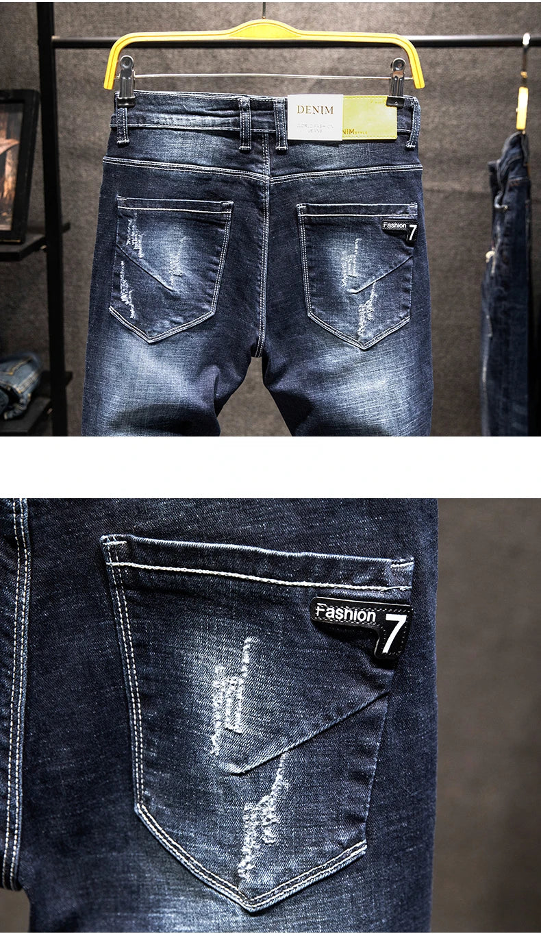 New Ripped Jeans for Men: Slim-Fit Denim Pants, Cotton, Korean Style, Elasticity, Versatile Blue & Black Men's Fashion