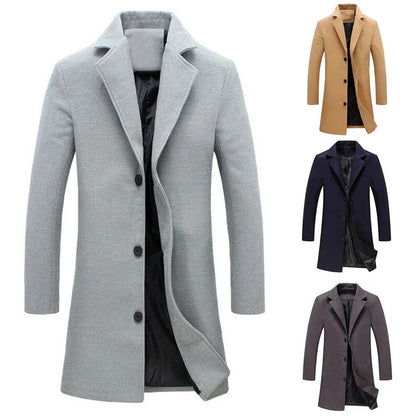 Men's Woolen Solid Color Single Breasted Lapel Long Overcoat (8 Colors)