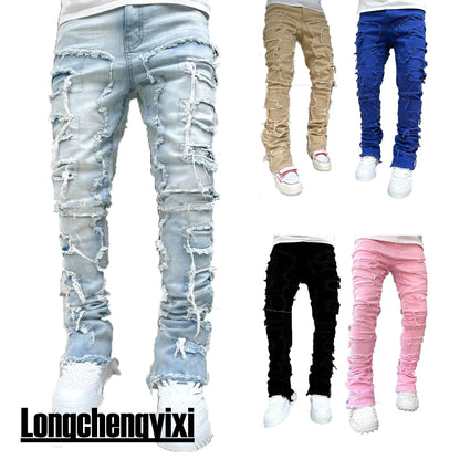 Men's Regular Fit Stacked Jeans: Ripped Slim Fit, Patch Distressed, Destroyed Straight Denim Pants, Hip Hop Streetwear Trousers - 10 Colors/Styles