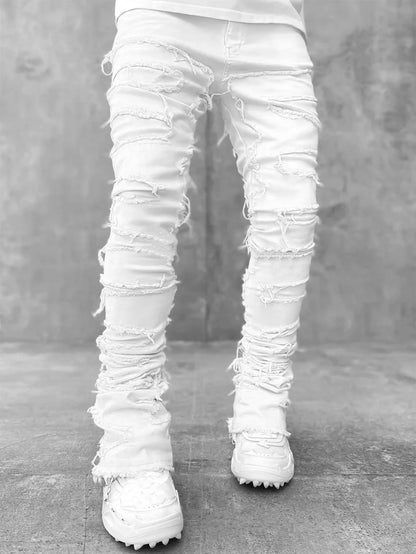 Men's Regular Fit Stacked Jeans: Ripped Slim Fit, Patch Distressed, Destroyed Straight Denim Pants, Hip Hop Streetwear Trousers - 10 Colors/Styles