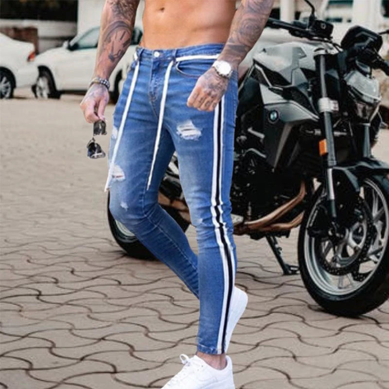 Men's Knee Hole Ripped Stretch Skinny Jeans: Black & Blue Denim, Slim Fit, Hip-Hop Style, S-4XL, Autumn & Summer Casual Trousers - Collection 2 - 9 Colors/Styles