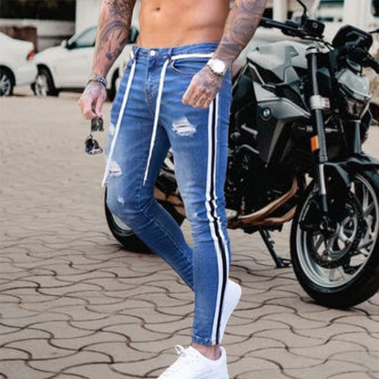 Men's Knee Hole Ripped Stretch Skinny Jeans: Black & Blue Denim, Slim Fit, Hip-Hop Style, S-4XL, Autumn & Summer Casual Trousers - Collection 2 - 9 Colors/Styles