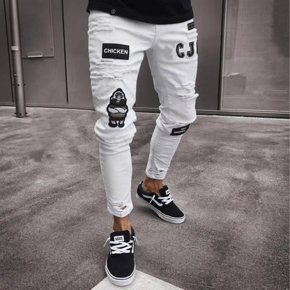 Men's Knee Hole Ripped Stretch Skinny Jeans: Black & Blue Denim, Slim Fit, Hip-Hop Style, S-4XL, Autumn & Summer Casual Trousers - Collection 2 - 9 Colors/Styles