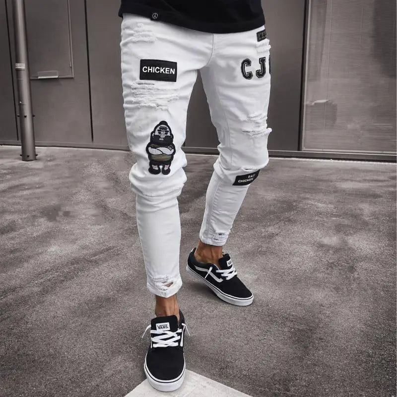 Men's Knee Hole Ripped Stretch Skinny Jeans: Black & Blue Denim, Slim Fit, Hip-Hop Style, S-4XL, Autumn & Summer Casual Trousers - Collection 1 - 10 Colors/Styles