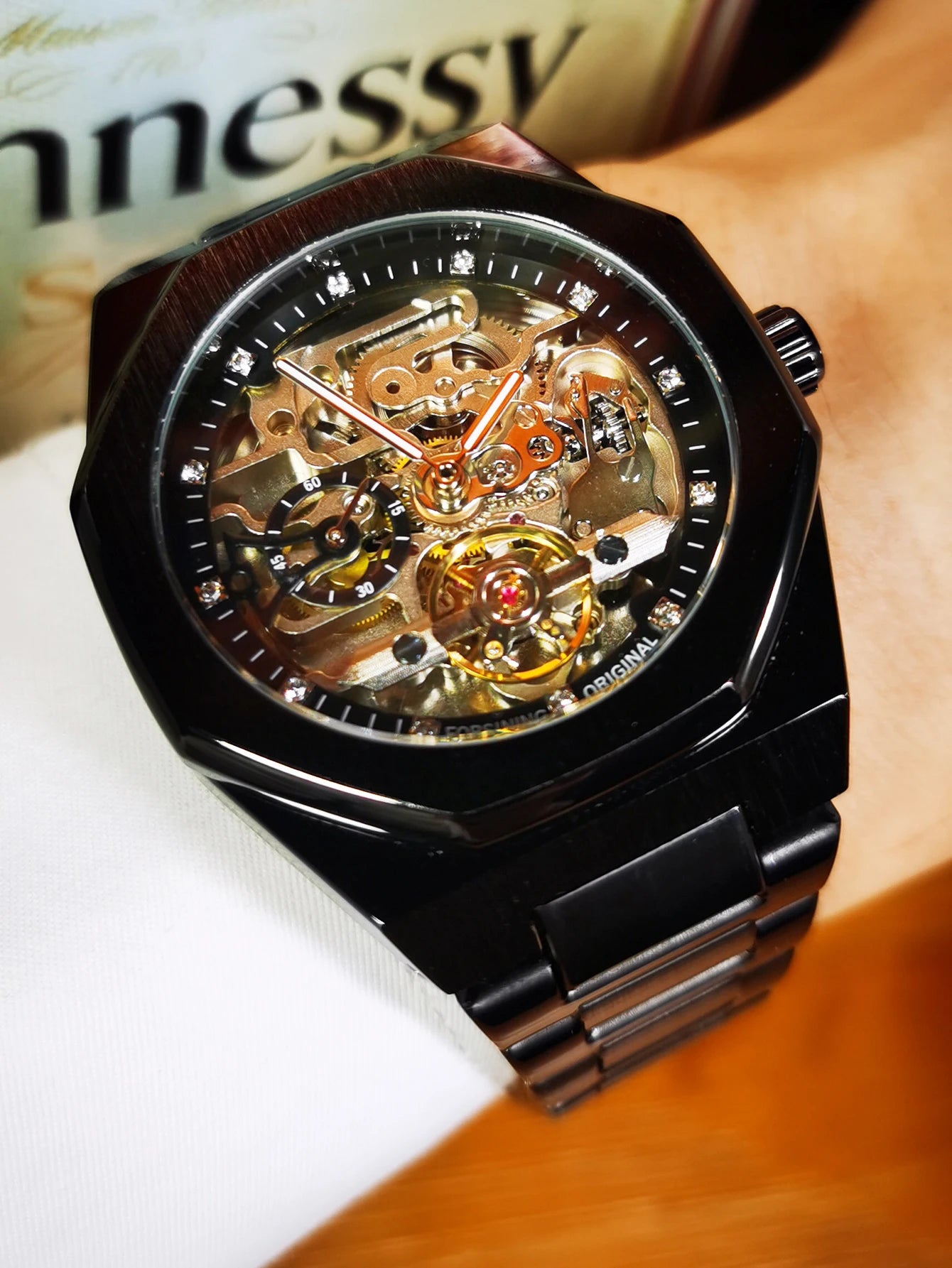 Forsining Casual Automatic Mechanical Watch for Men Luminous Hands Stainless Steel Strap Fashion Luxury Skeleton Mens Watches