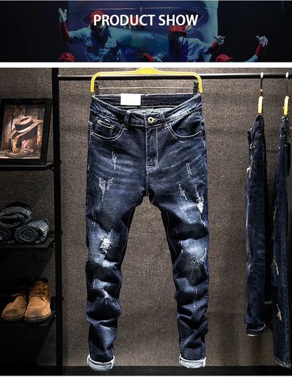 New Ripped Jeans for Men: Slim-Fit Denim Pants, Cotton, Korean Style, Elasticity, Versatile Blue & Black Men's Fashion