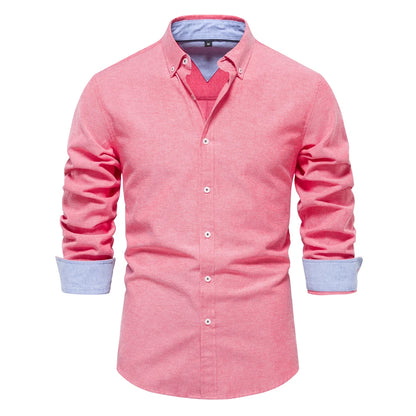 New Spring Cotton Blend Men's Oxford Shirt: Long Sleeve Button-Down Social & Business Casual Shirt for Men - 7 Colors