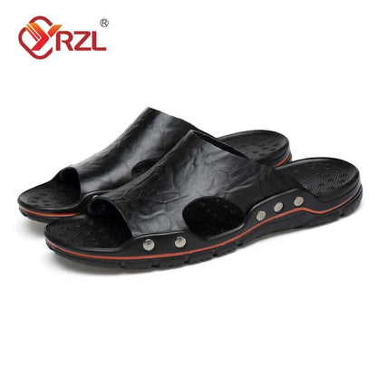 YRZL Sandals Mens Leather Classic Summer Men Slippers Soft Black Slippers PU Leather Slippers Lightweight EVA Slides for Men