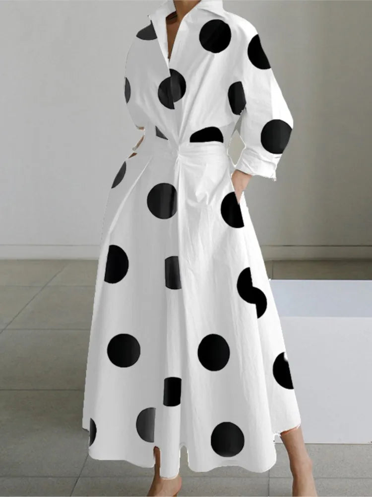 Elegant Autumn Maxi: Long Sleeve Dot Print V-Neck Dress for Women - White Casual Chic