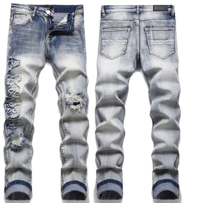 High Street Stretch Embroidery Men's Jeans: Ripped Streetwear, Punk Style, Slim Fit, Small Feet, Fashionable Denim Pants for Men - Collection 2 - 11 Colors/Styles