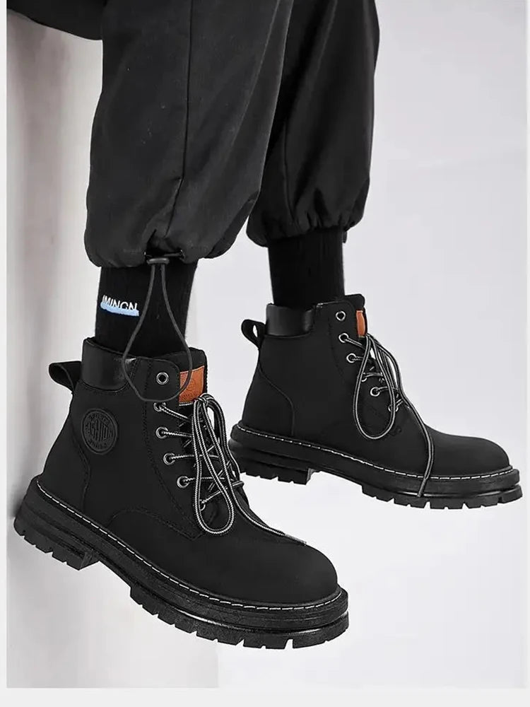 Retro Men's Work Shoes: Autumn Winter Thick Bottom High Top Non-Slip Warm Casual Boots - Leather Lace-Up Big Head Tooling Boots, Available in 2 Colors