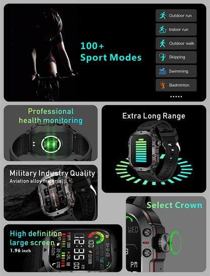 Military Smart Watch for Men: IP68 5ATM Waterproof, Outdoor Sports Fitness Tracker, 1.96" Screen, Bluetooth Call, Health Monitor