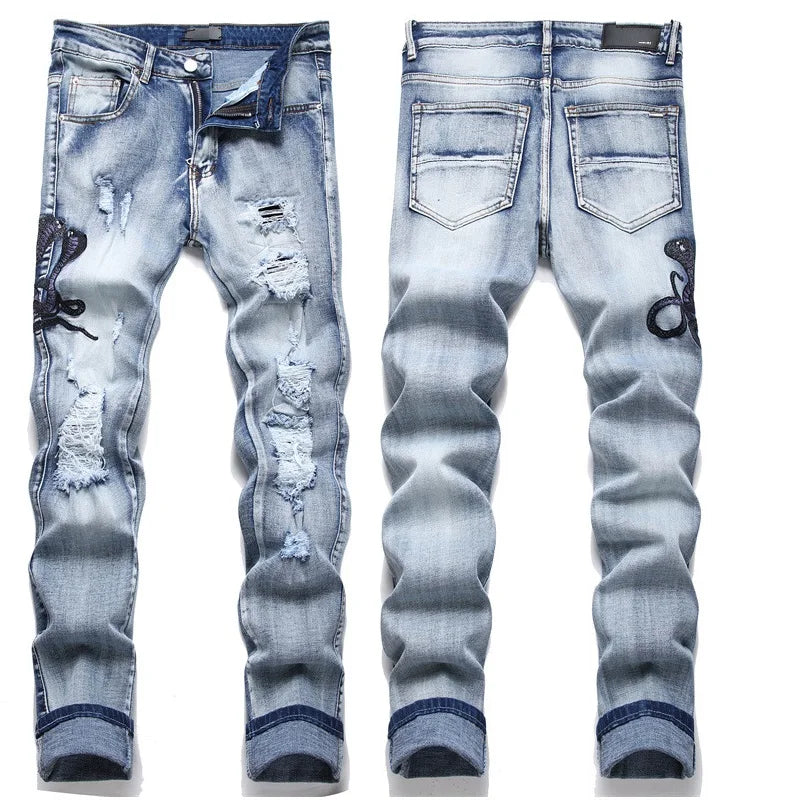 High Street Stretch Embroidery Men's Jeans: Ripped Streetwear, Punk Style, Slim Fit, Small Feet, Fashionable Denim Pants for Men - Collection 2 - 11 Colors/Styles