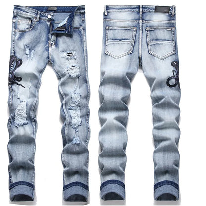 High Street Stretch Embroidery Men's Jeans: Ripped Streetwear, Punk Style, Slim Fit, Small Feet, Fashionable Denim Pants for Men - Collection 1 - 11 Colors/Styles