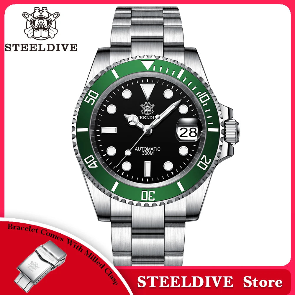 STEELDIVE SD1953 Black Dial Green Ceramic Bezel NH35 Automatic Watch 300M Waterproof Sapphire Glass Men Dive Watches