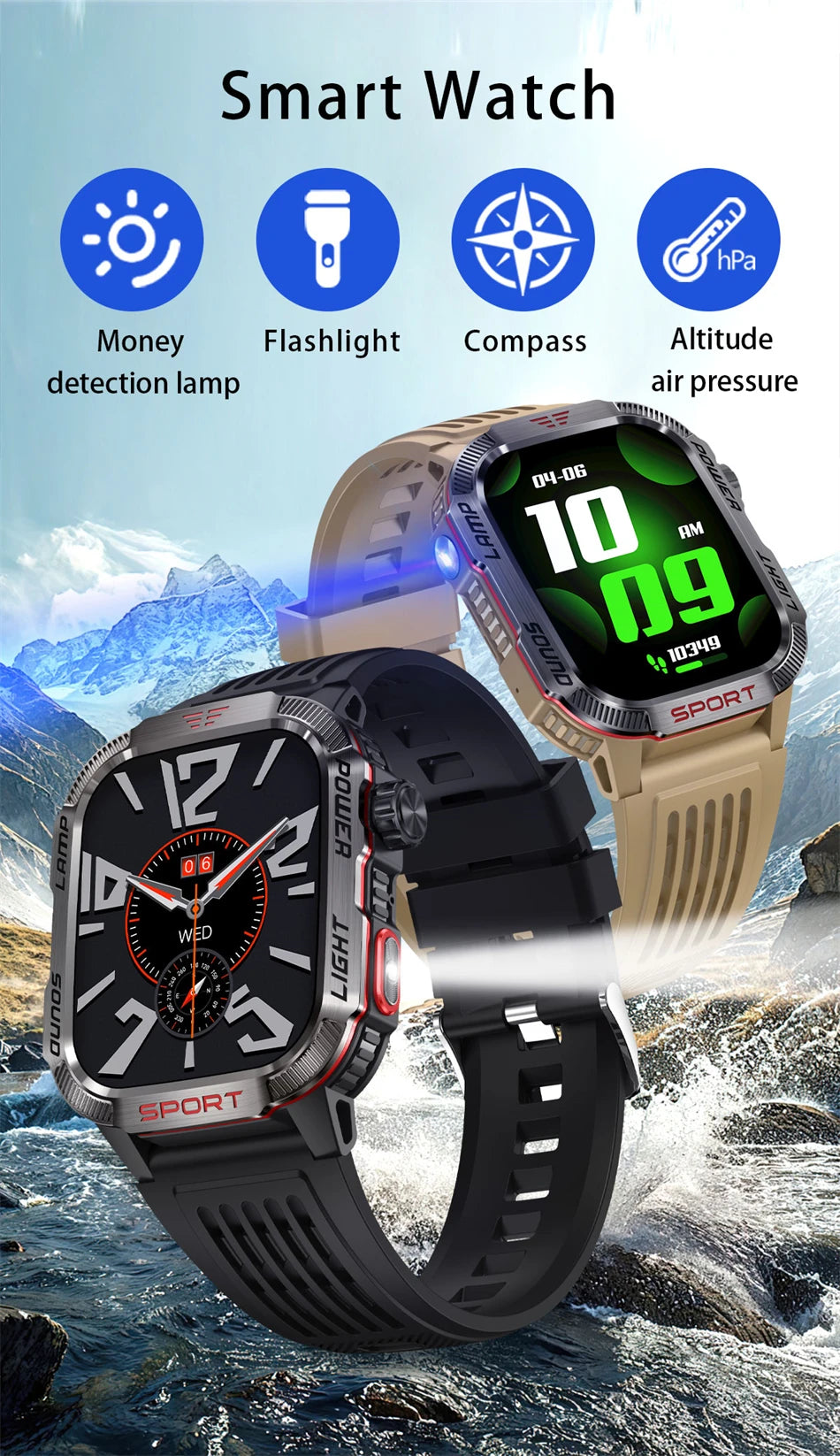 New For Huawei Xiaomi Military GPS Smart Watch Men Flashlight Compass Waterproof Outdoor Sport Tracker Bluetooth Call Smartwatch