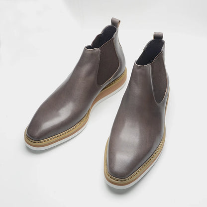 British Style Cow Genuine Leather Men's Chelsea Ankle Boots Slip-on Elastic Band High Top Sneakers Casual Dress Boot for Men