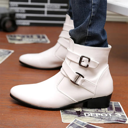 Luxury Leather Chelsea Boots Men Designer White Dress Boots Men Casual High top Buckle Strap Formal Shoes Men Motorcycle Boots
