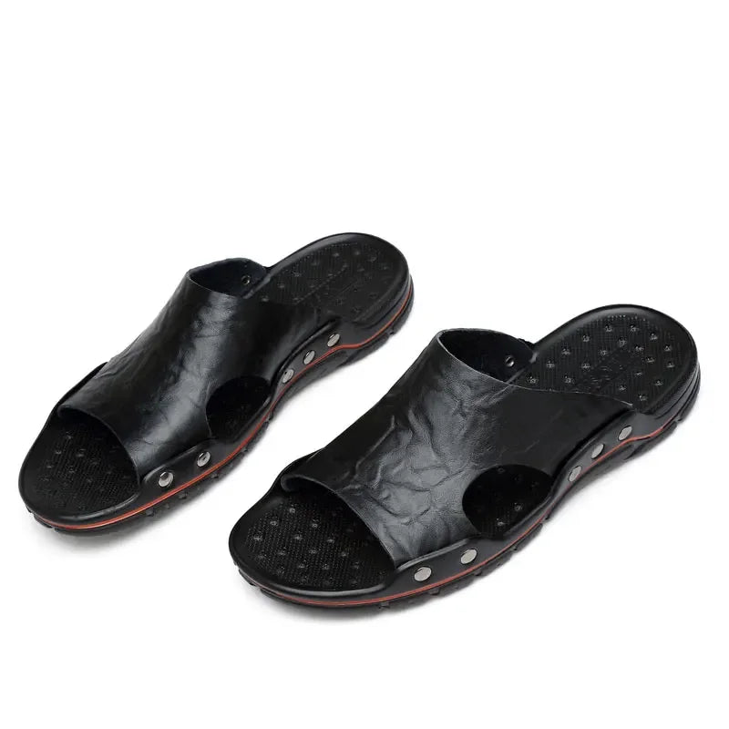 YRZL Sandals Mens Leather Classic Summer Men Slippers Soft Black Slippers PU Leather Slippers Lightweight EVA Slides for Men