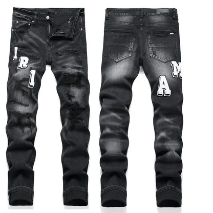 High Street Stretch Embroidery Men's Jeans: Ripped Streetwear, Punk Style, Slim Fit, Small Feet, Fashionable Denim Pants for Men - Collection 2 - 11 Colors/Styles