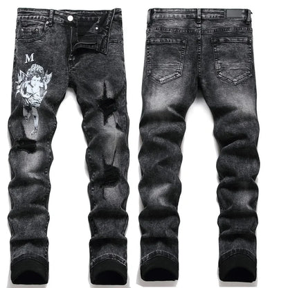 High Street Stretch Embroidery Men's Jeans: Ripped Streetwear, Punk Style, Slim Fit, Small Feet, Fashionable Denim Pants for Men - Collection 2 - 11 Colors/Styles