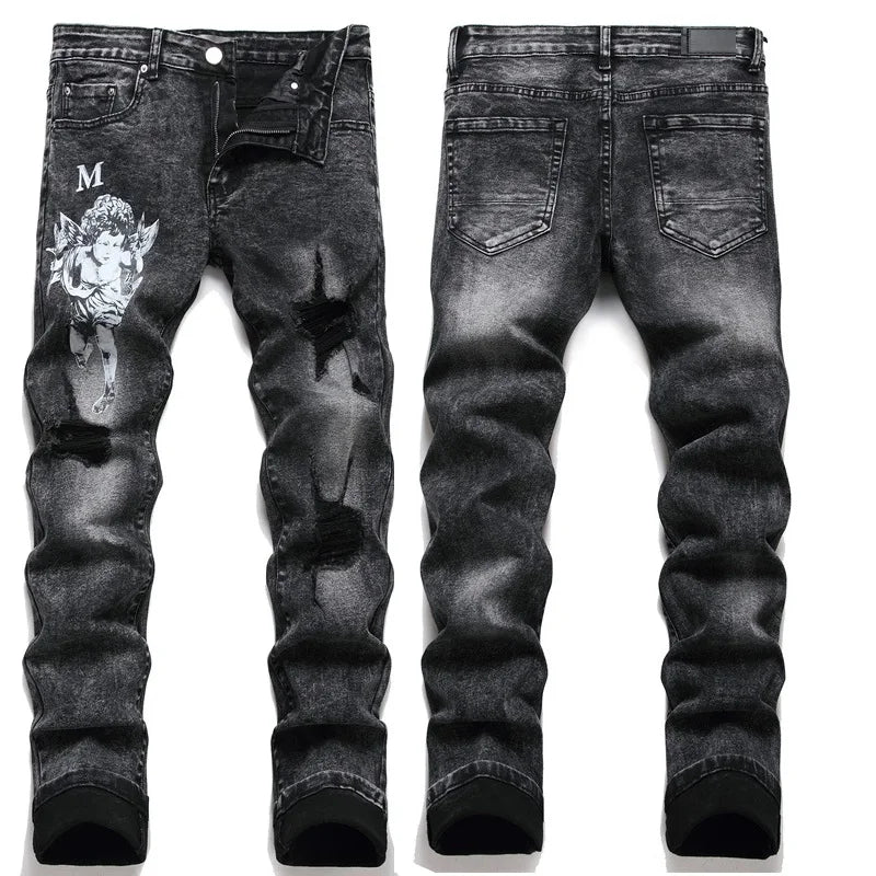 High Street Stretch Embroidery Men's Jeans: Ripped Streetwear, Punk Style, Slim Fit, Small Feet, Fashionable Denim Pants for Men - Collection 1 - 11 Colors/Styles