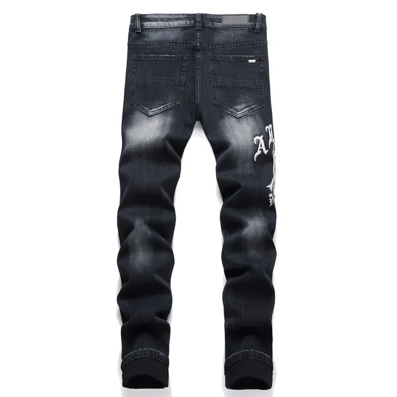 High Street Stretch Embroidery Men's Jeans: Ripped Streetwear, Punk Style, Slim Fit, Small Feet, Fashionable Denim Pants for Men - Collection 1 - 11 Colors/Styles