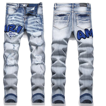 High Street Stretch Embroidery Men's Jeans: Ripped Streetwear, Punk Style, Slim Fit, Small Feet, Fashionable Denim Pants for Men - Collection 1 - 11 Colors/Styles