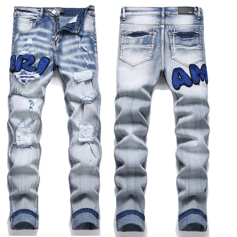 High Street Stretch Embroidery Men's Jeans: Ripped Streetwear, Punk Style, Slim Fit, Small Feet, Fashionable Denim Pants for Men - Collection 2 - 11 Colors/Styles