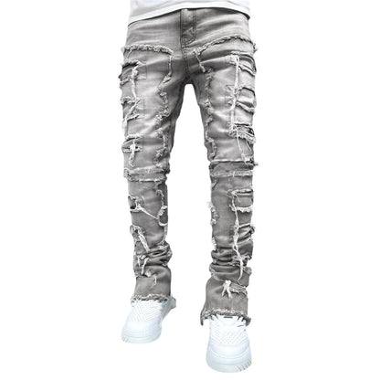 Men's Regular Fit Stacked Jeans: Ripped Slim Fit, Patch Distressed, Destroyed Straight Denim Pants, Hip Hop Streetwear Trousers - 10 Colors/Styles