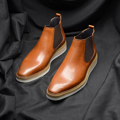 British Style Cow Genuine Leather Men's Chelsea Ankle Boots Slip-on Elastic Band High Top Sneakers Casual Dress Boot for Men