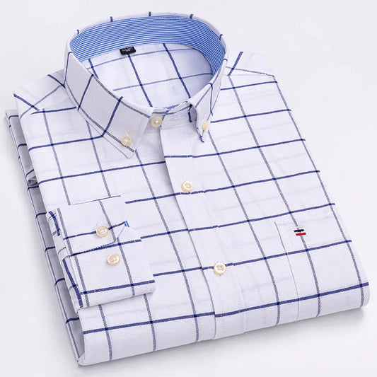 Men's 100% Cotton Plaid Oxford Shirt: Long Sleeve, Regular Fit, Solid Color Print, Oversized Formal Dress Shirt - Sizes 5XL-7XL - 10 Colors - Collection1