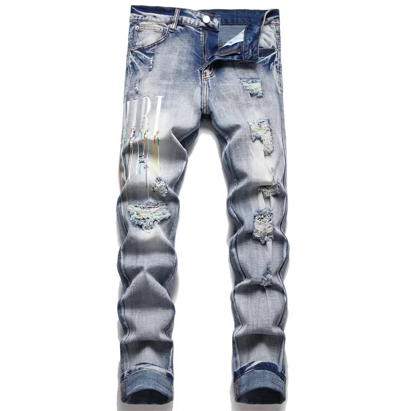 High Street Stretch Embroidery Men's Jeans: Ripped Streetwear, Punk Style, Slim Fit, Small Feet, Fashionable Denim Pants for Men - Collection 2 - 11 Colors/Styles