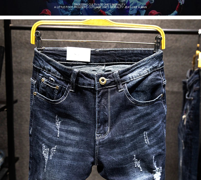 New Ripped Jeans for Men: Slim-Fit Denim Pants, Cotton, Korean Style, Elasticity, Versatile Blue & Black Men's Fashion