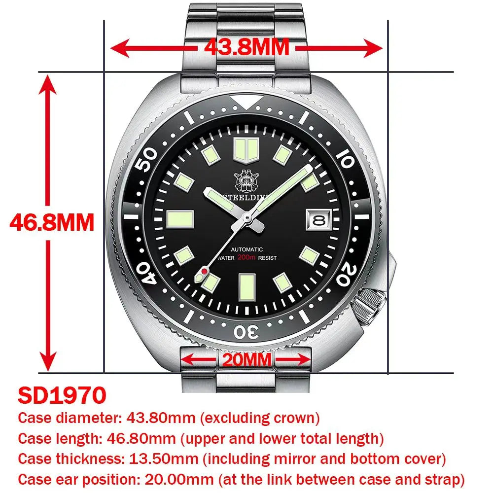 Steeldive SD1970 White Date Background 200M Wateproof AR Coating Sapphire Glass NH35 6105 Turtle Automatic Dive Diver Watch