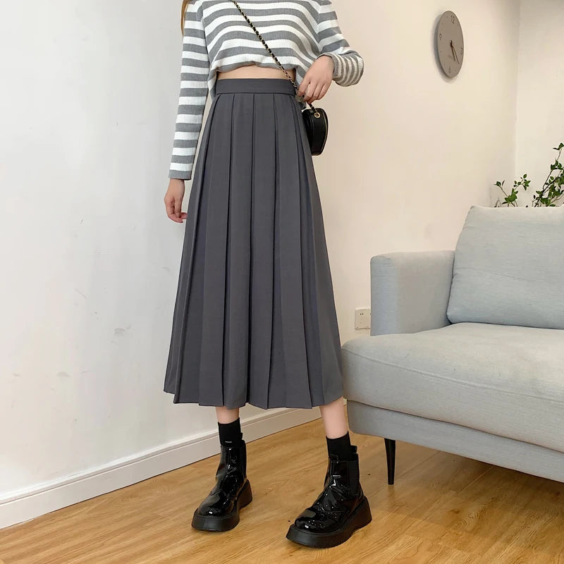 Korean Fashion High Waist Long Skirt: Elegant Black Midi Skirt for Women, 2022 Autumn A-Line Pleated Skirts - Available in Gray for Summer, 3 Colors