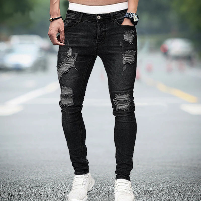 Men's Knee Hole Ripped Stretch Skinny Jeans: Black & Blue Denim, Slim Fit, Hip-Hop Style, S-4XL, Autumn & Summer Casual Trousers - Collection 2 - 9 Colors/Styles