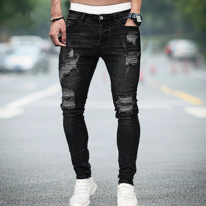 Men's Knee Hole Ripped Stretch Skinny Jeans: Black & Blue Denim, Slim Fit, Hip-Hop Style, S-4XL, Autumn & Summer Casual Trousers - Collection 2 - 9 Colors/Styles