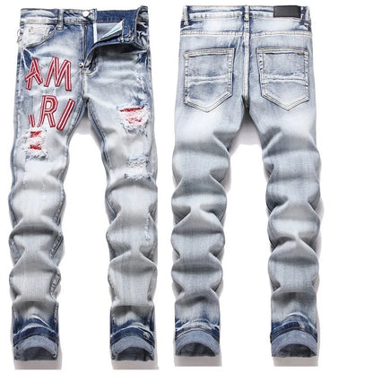 High Street Stretch Embroidery Men's Jeans: Ripped Streetwear, Punk Style, Slim Fit, Small Feet, Fashionable Denim Pants for Men - Collection 1 - 11 Colors/Styles