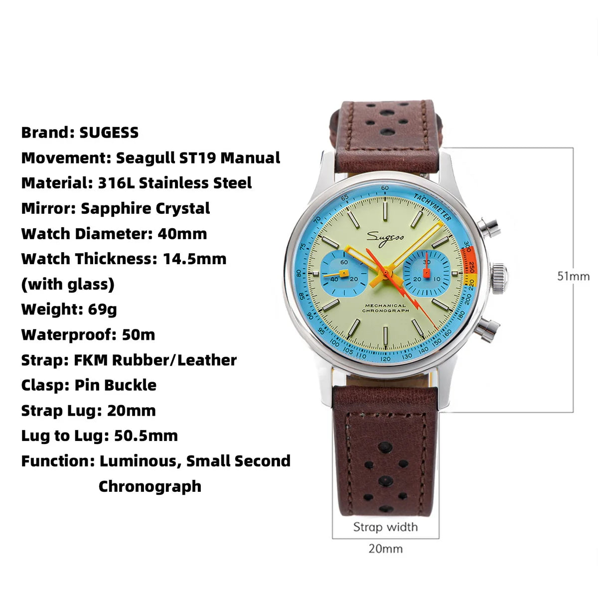 Sugess 1963 Pilot Watch Mens Chronograph Mechanical Wristwatches Original ST1901 Swanneck Movement Sapphire Crystal Racing 2022