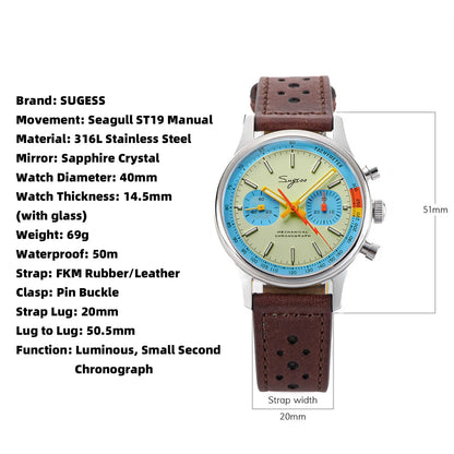 Sugess 1963 Pilot Watch Mens Chronograph Mechanical Wristwatches Original ST1901 Swanneck Movement Sapphire Crystal Racing 2022