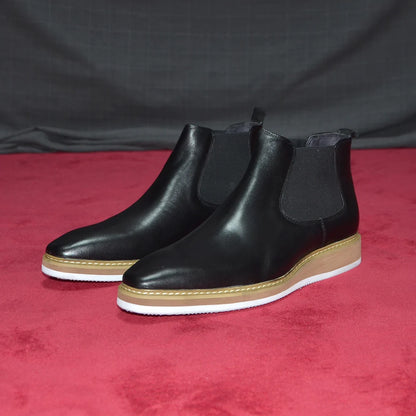 British Style Cow Genuine Leather Men's Chelsea Ankle Boots Slip-on Elastic Band High Top Sneakers Casual Dress Boot for Men