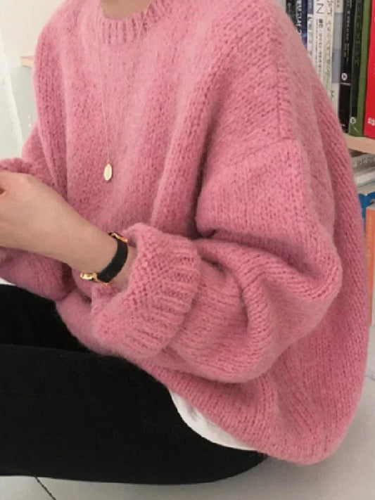 Women's Winter Sweater: Pink Pullover with Oversized, Loose Knitted Design - Long Sleeve Female Knitting Outerwear, Available in 9 Colors Including White