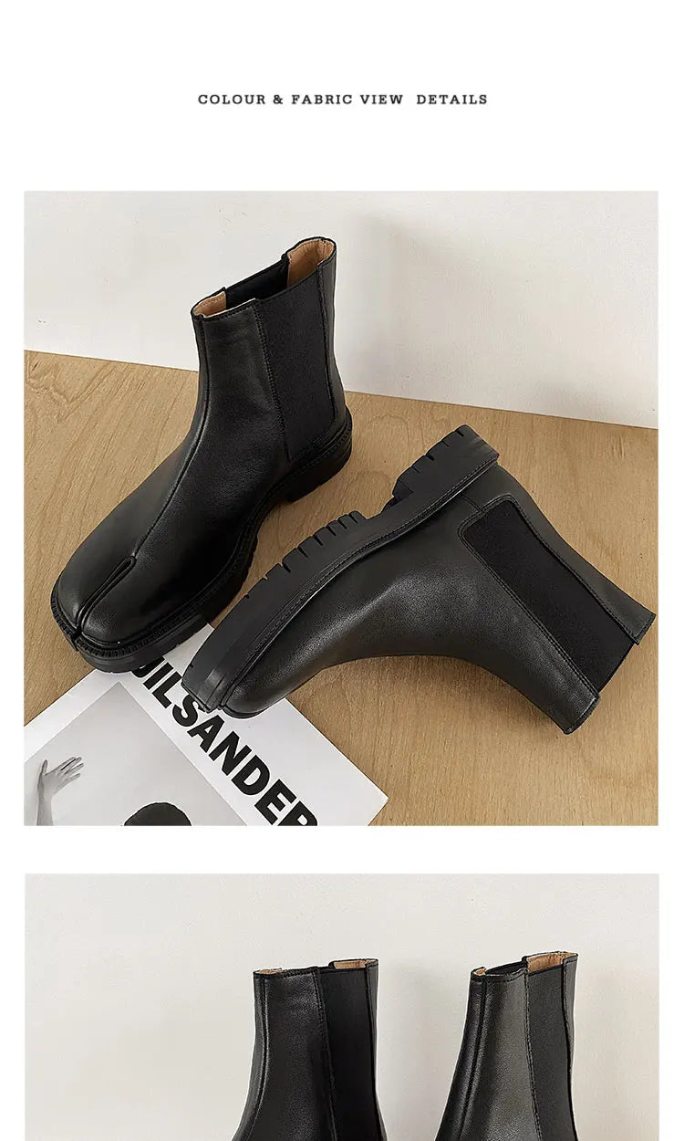 Split toe shoes for men's Chelsea boots square toe high top leather boots horseshoe shoes thick heels for women's thick soled sh